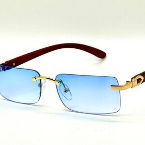 Men Sunglasses Hip Hop Blue Lens Dark‎ Woody Arms Trendy Rimless Sophisticated